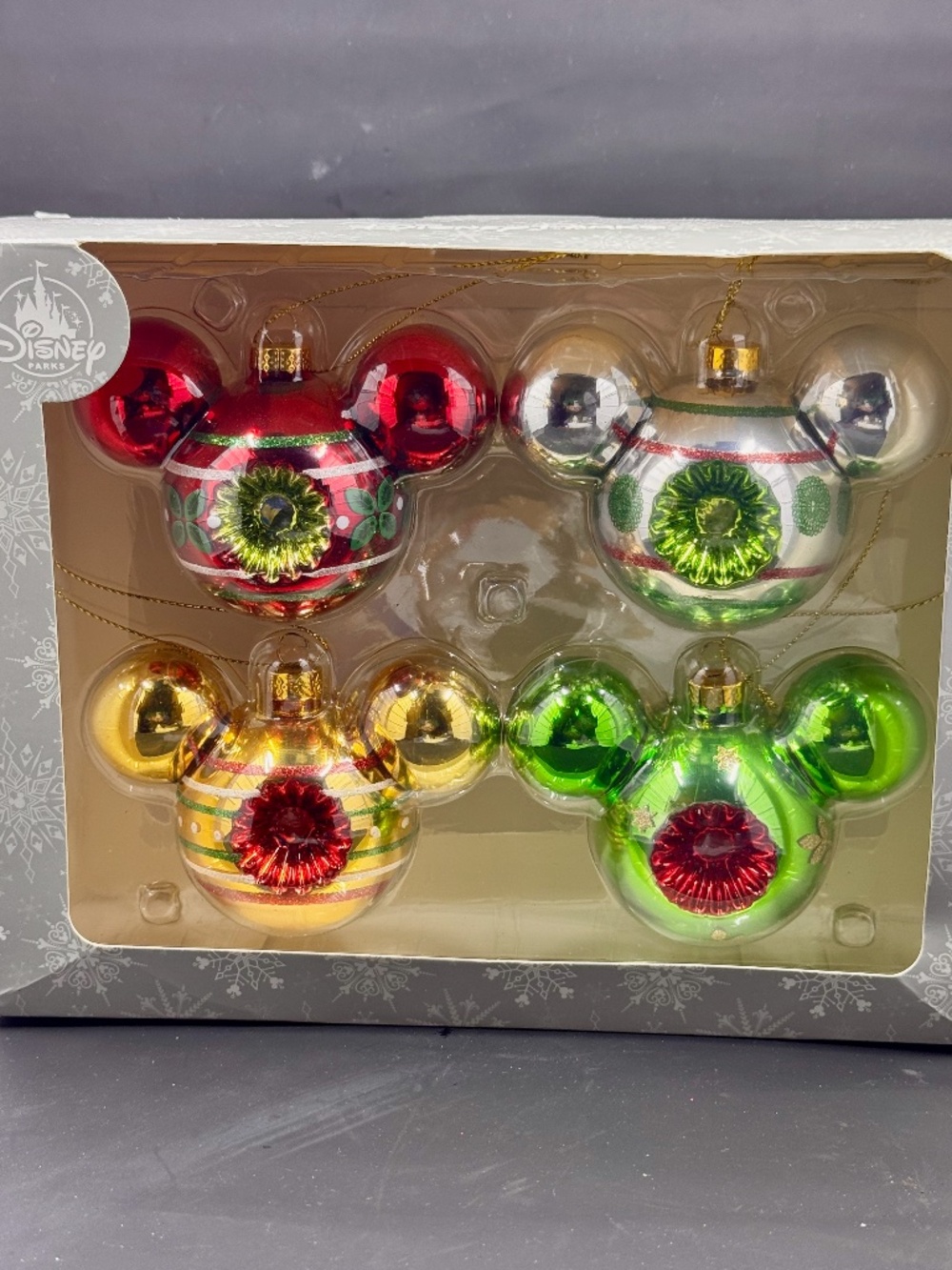 DISNEY PARKS RETRO GLASS MICHEY MOUSE ICON CHRISTMAS ORNAMENTS - MULTI-COLORED